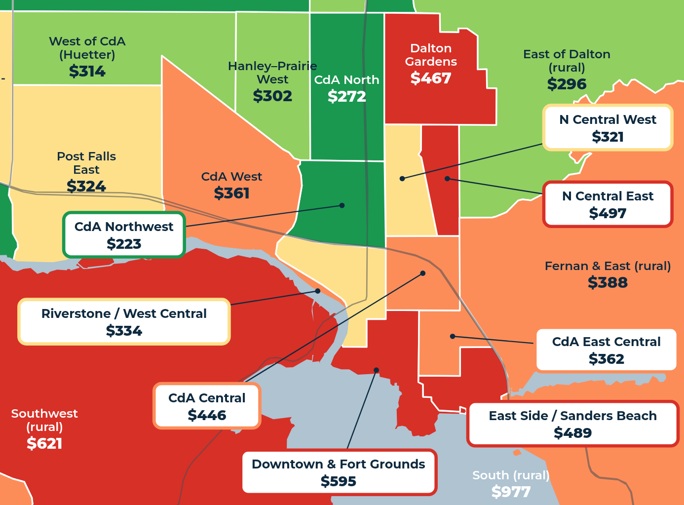 Map of median asking price per square foot by neighborhood, Coeur d'Alene