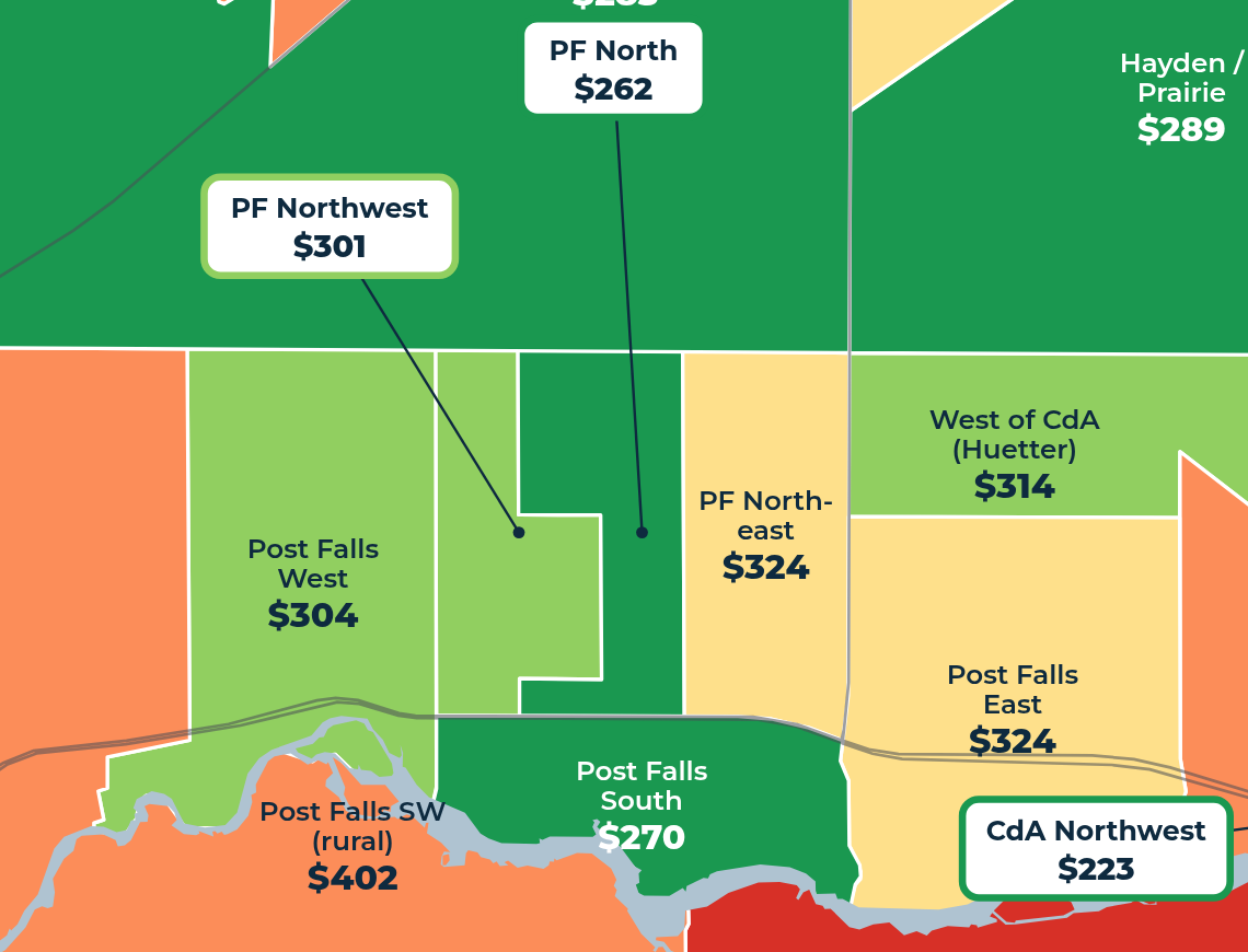 Map of median asking price per square foot by neighborhood, Post Falls