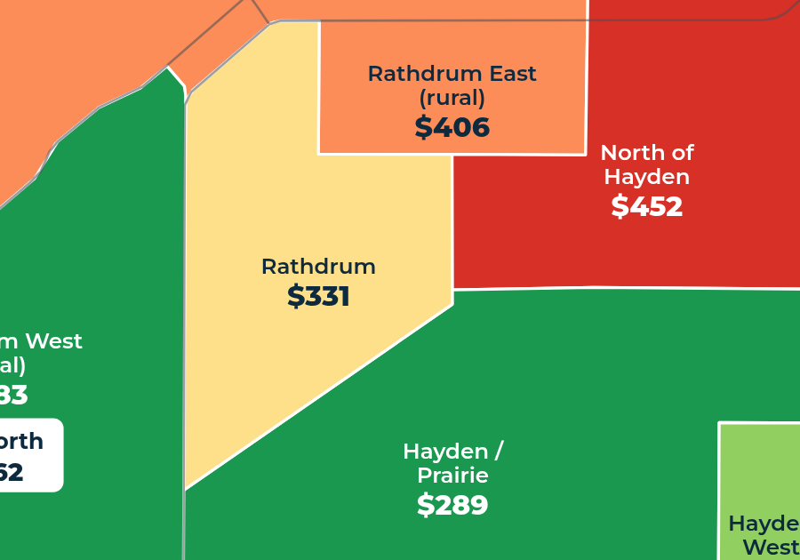 Map of median asking price per square foot by neighborhood, Rathdrum